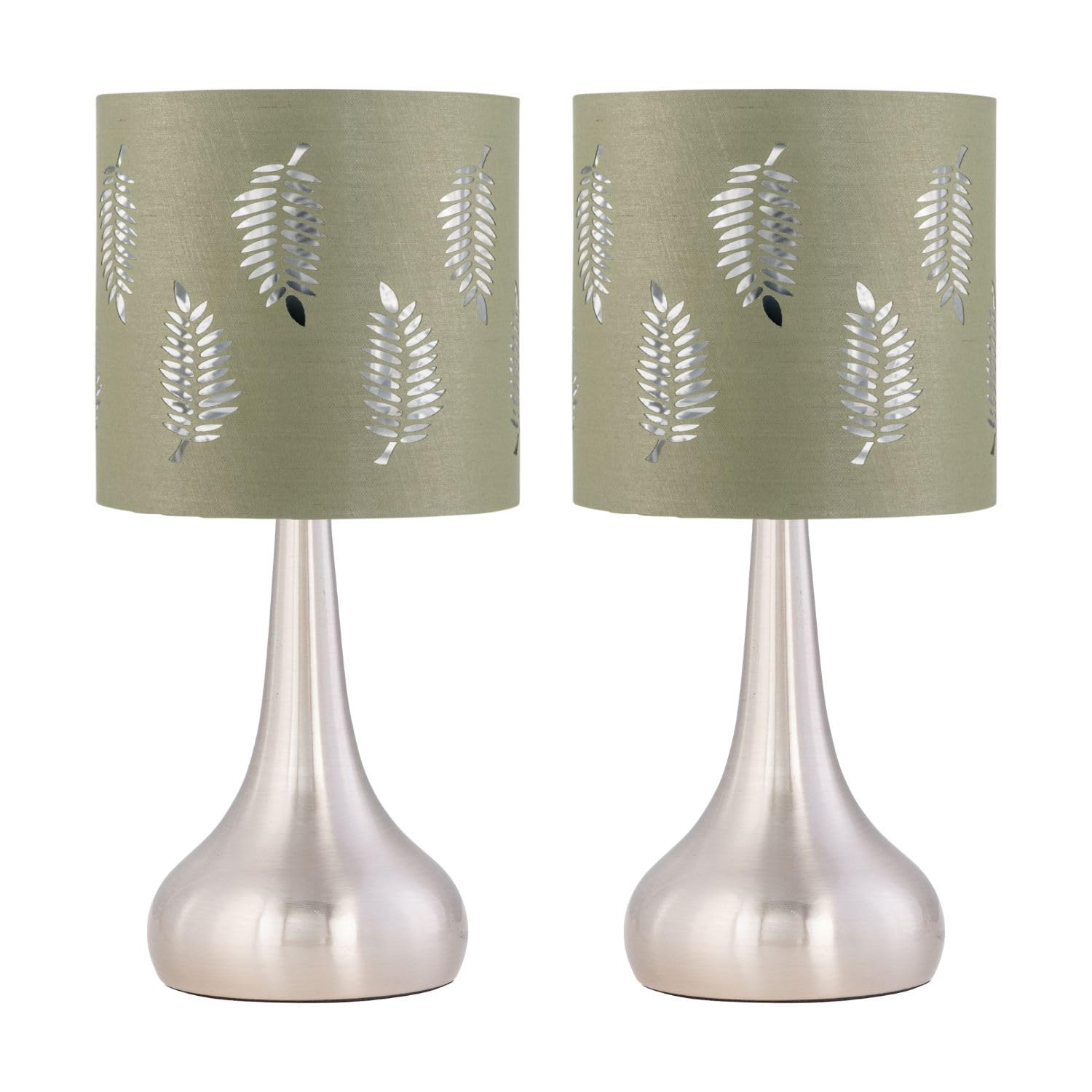 Set of 2 Romana - Brushed Chrome Touch Lamps with Sage Green Fern