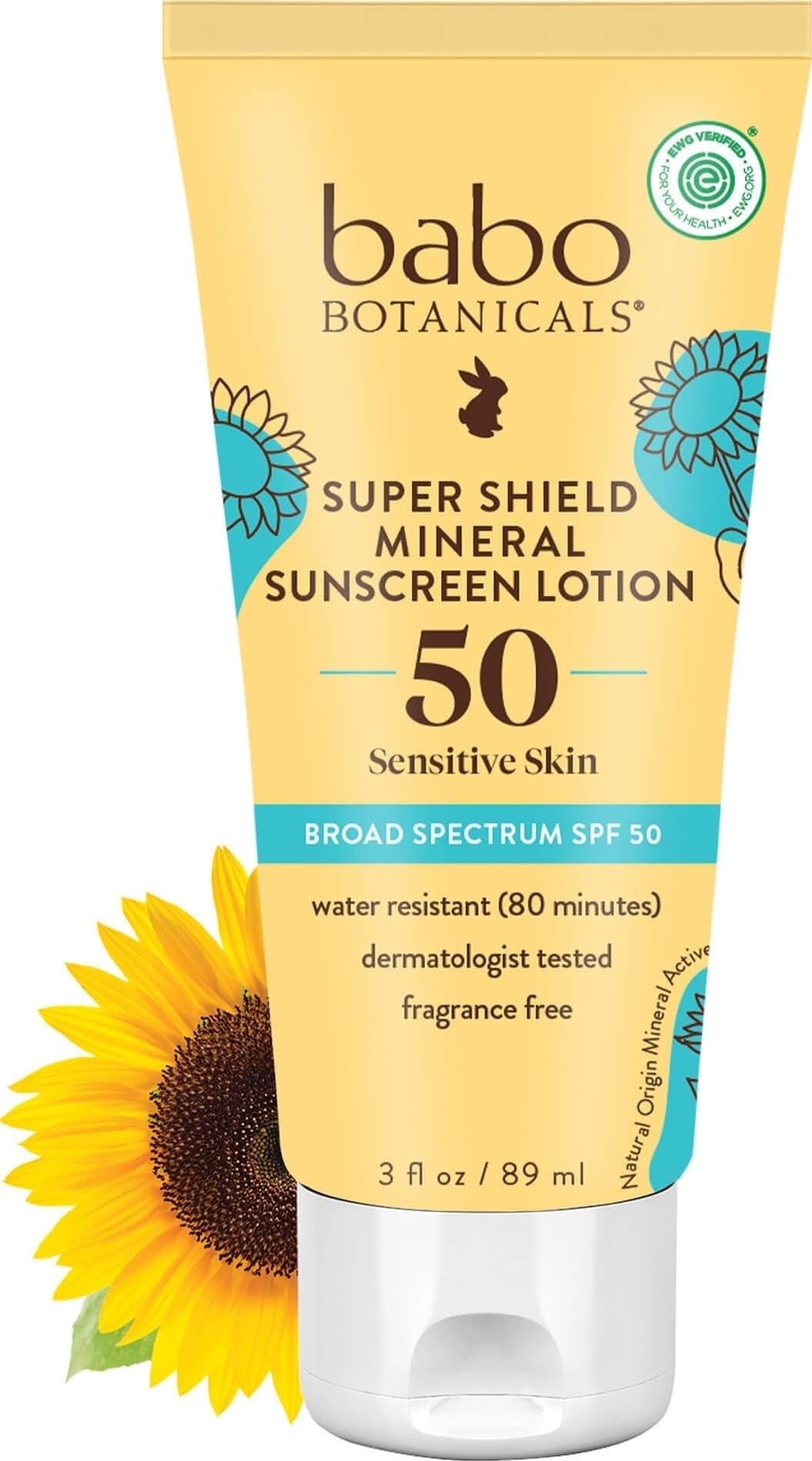 Babo Botanicals Sheer Mineral Sunscreen Lotion SPF 50 with 100% Mineral Active Ingredients for Babies, Kids or Extra Sensitive Skin, Lightweight, Water Resistant & Fragrance Free, 3 Fl Oz