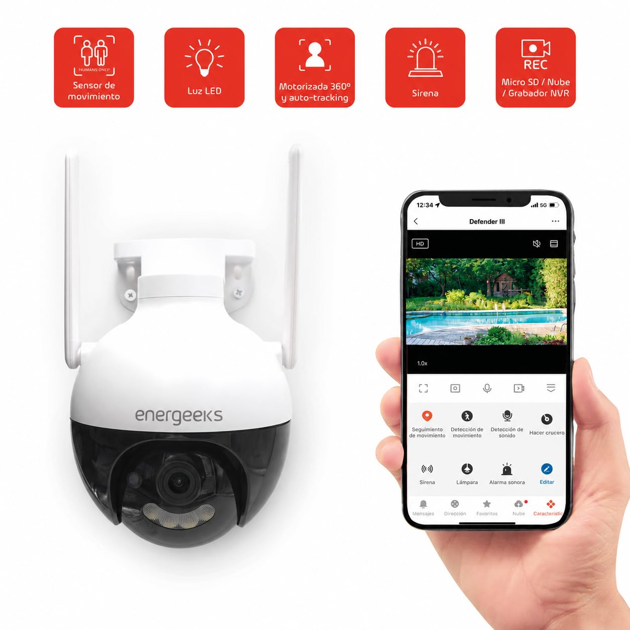 energeeks Defender III - Cámara Vigilancia Exterior WiFi - IP66-4 MP - Detección Movimiento/Sonido - Visión Nocturna - Audio Bidireccional - Luces LED y Sirena - Almacenamiento SD/Nube