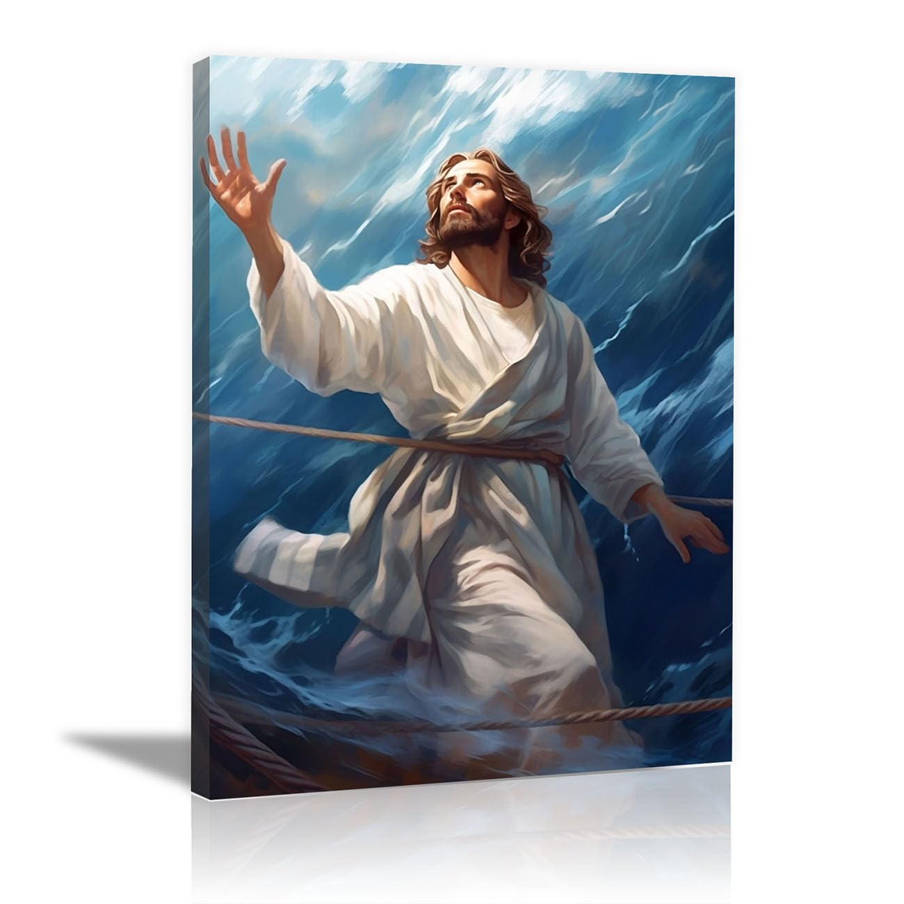 QUSAAOU Jesus Canvas Wall Art Abstract Jesus Sketch Christian Religious Prints Painting for Bedroom Living Room Bedroom Hallway Home Decoration(blue)-50x70cm Framed