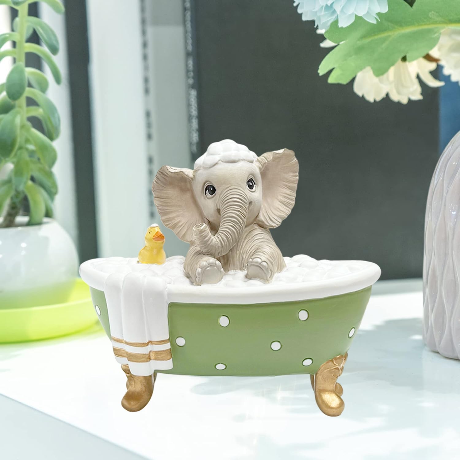 Elephant Figurine Garden Statue Decor Cute Grey Resin Elephant with a Duck in Polka Dot Bathtub Brings Good