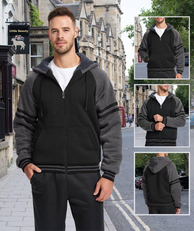 Image of Little Beauty Hoodies for Men Zipper Jacket Fleece Sherpa Lined Winter Wool Heavyweight Sweashirts