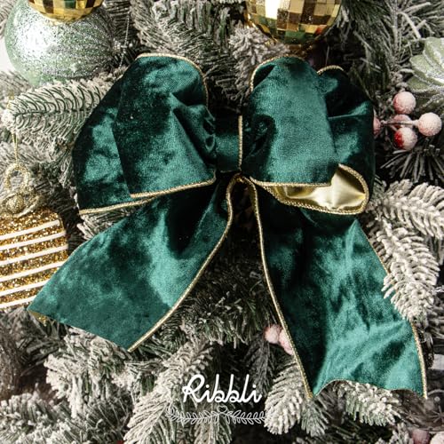 Image of Ribbli Forest Green Velvet Wired Ribbon 4 Inch Metallic Green Gold Crushed Velvet Christmas Ribbon for Gift Wrapping Christmas Tree Decoration Crafts Wreaths Supplies-Continuous 10 Yards