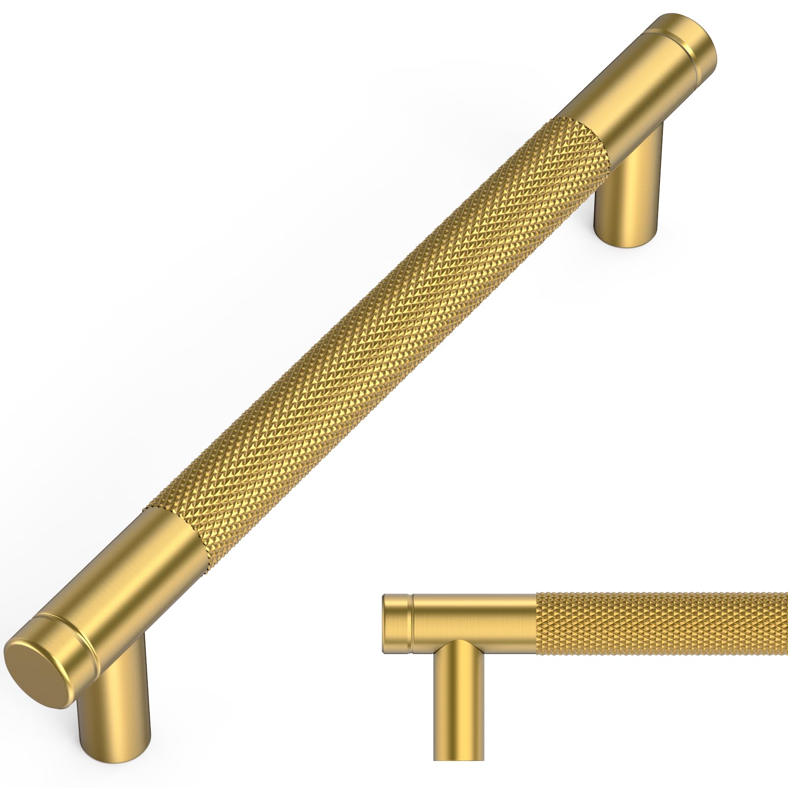 Amerdeco 10 Pack Brushed Moderne Brass Knurled Cabinet Pulls 5 Inch(128mm) Hole Center Drawer Pulls Cabinet Hardware Kitchen Cabinet Handles for Bathroom AM003