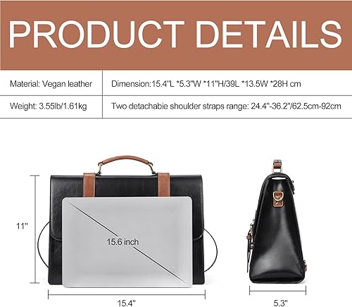 Miniatura 3 de CLUCI Maletín para mujer de 15.6 pulgadas de cuero vegano mochila para computadora portátil, bolsa de mensajero grande para computadora portátil