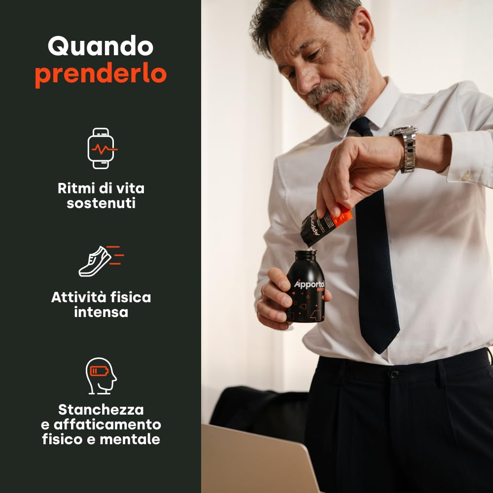 Apportal Boost, Integratore alimentare con Taurina, Ginseng e Vitamina B12, Sostegno mirato al benessere di mente e corpo nei periodi di maggiore impegno, Senza caffeina, 14+14 bustine