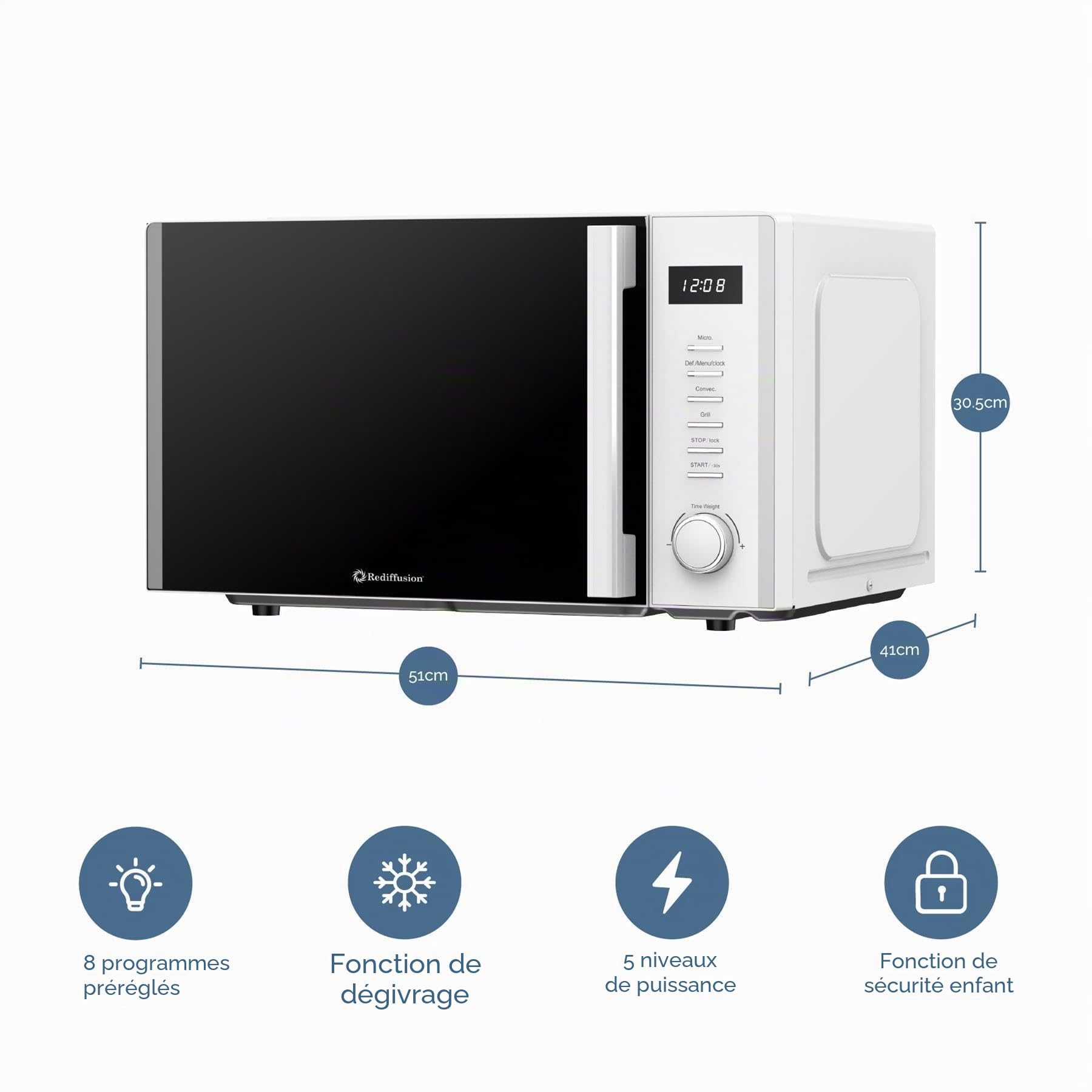 Rediffusion Micro-onde numérique 30 L, micro-ondes 900 W, grill 1200 W et convection 2200 W, grille de gril, dégivrage, cavité en acier inoxydable, 5 niveaux de puissance, 8 menus automatiques