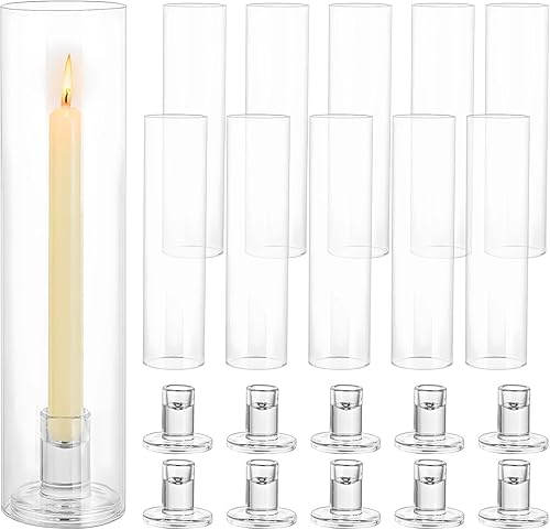 10 juegos de portavelas de cristal para huracanes, soportes para velas de cinta transparente, portavelas grandes con cubiertas de cilindro