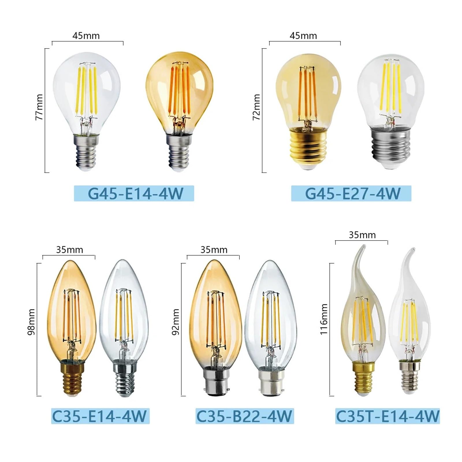 Genérico Bombillas de filamento LED E14 E27 6 piezas en lámparas retro G80/G95/G125-4W/9W, 220V, 2200K 3000K 4000K