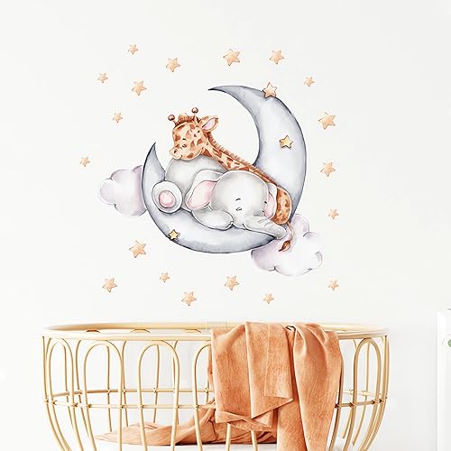 Miniatura 6 de Calcomanías de pared con diseño de jirafa de elefante y elefante, diseño de luna y estrellas de sacinora para decoración artística de decoración
