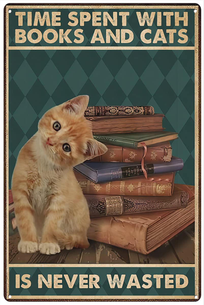 Bioprocess Time Spent With Books And Cats Is Never Wasted Poster Funny Cat Reading Poster Bookworm Cat Poster Love Cat And Reading Poster Home Decoration Art Posteres Wall Decor Poster Metal Sign 8X12 Inches