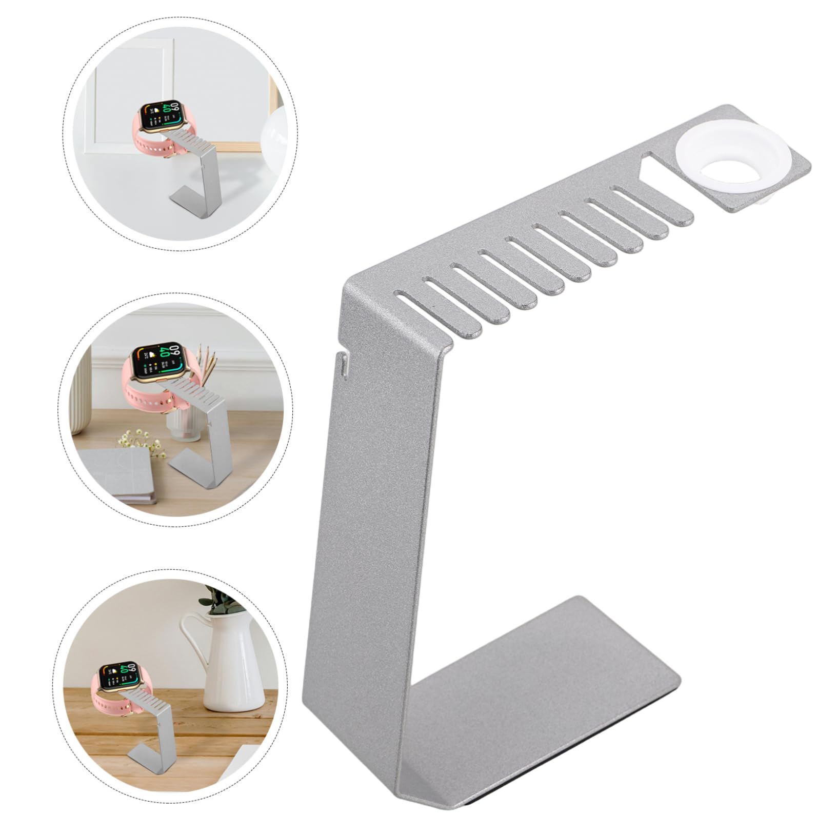 Supporto di Ricarica per Smartwatch con Supporto per Cinturino, Argento | Acciaio Inossidabile, Base da Scrivania, Finitura Curata e Uso Semplice