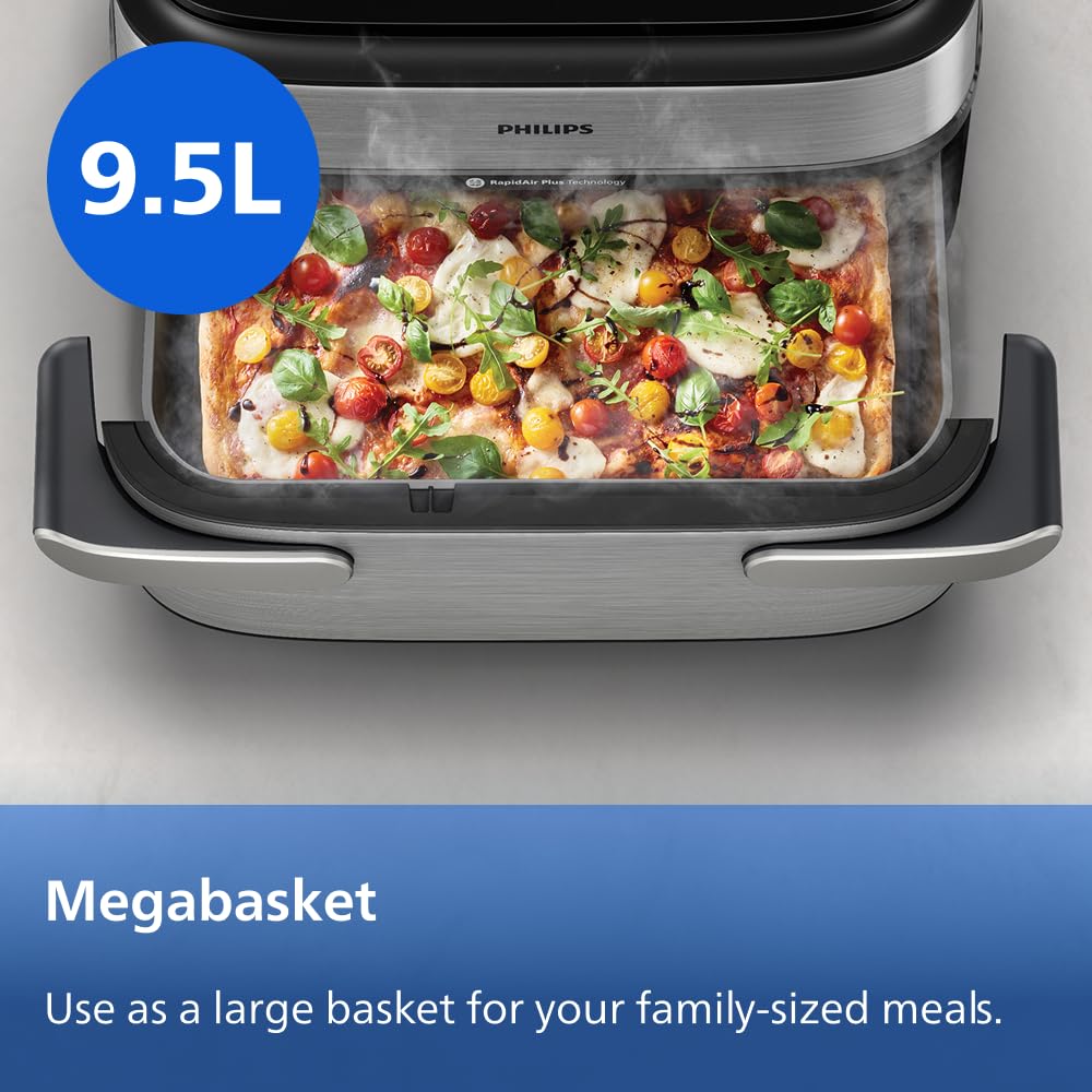 Philips Airfryer 5000 Series Megabasket with Steam - Unique Steamfry, Steam & Airfry - 28 Ways to Cook; 9,5L in Megabasket or 3L + 6L Dual Basket, RapidAir Plus Technology, Auto SteamClean (NA565/92) — view 4