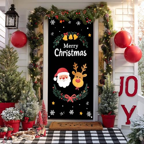 Image of BlissYard Christmas Door Cover Santa Reindeer Black 35x71 Inch Polyester