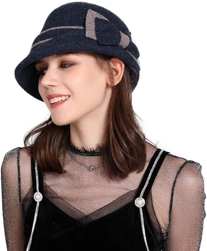 1930s Style Hats | Buy 30s Ladies Hats Jeff & Aimy Women Winter Wool Bucket Hat 1920s Vintage Cloche Bowler Hat with Bow/Flower Accent  AT vintagedancer.com