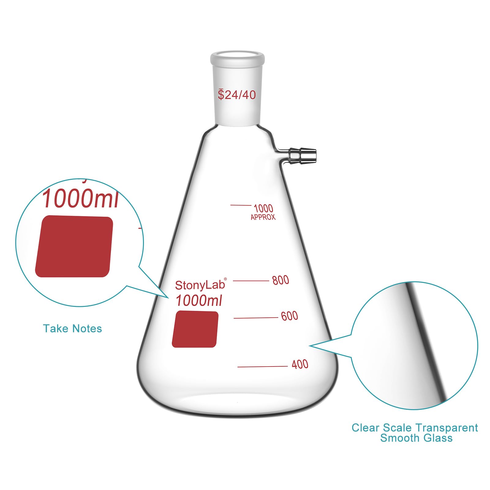 stonylab Filterkolben mit 24/40 Standard Kegel Außengelenk, Schwerwand Borosilikatglas Filterkolben, Bolzenhals mit Tubulation, 1000 ml