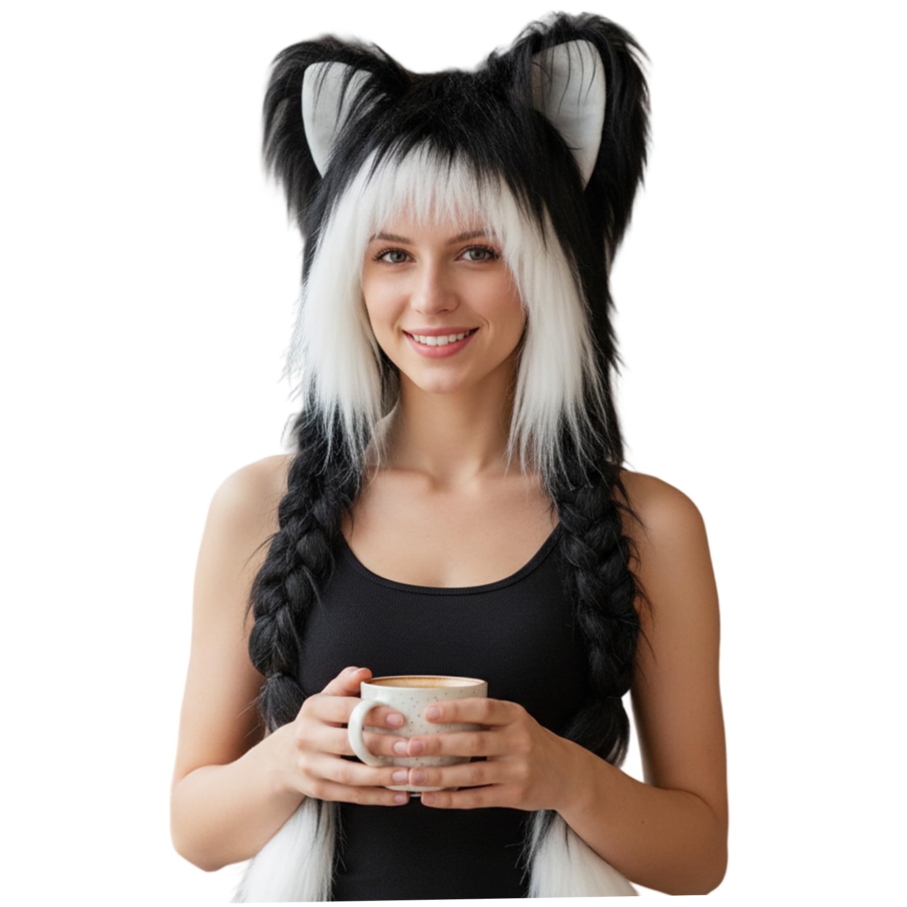 Ginwrek Furry Hat with Ears, Anime Style Fluffy Hat with Braids, Soft Plush Cat Ear Therian Stuff for Cosplay, Kawaii Winter Beanie in Black & White