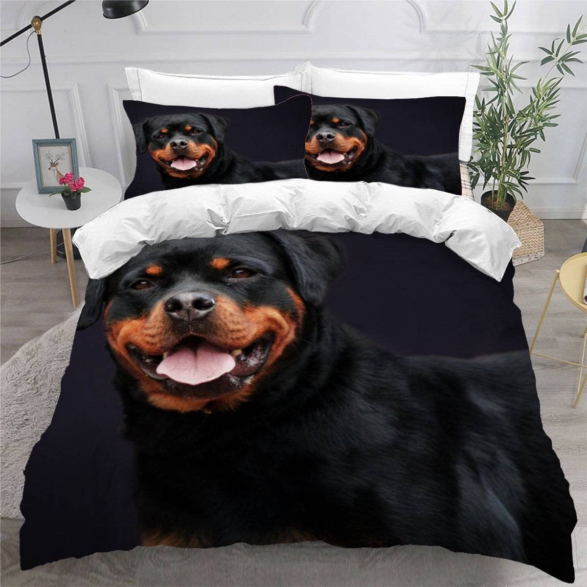 MEVASA Rottweiler Bedding Double Bed Set Microfiber Teenager Bedding Dog Animal 3D Bedding Set for Small Double 3Pcs Anti Allergic Double Duvet Cover Set with Zipper /200x200 cm