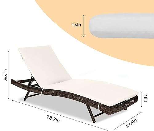 Miniatura 4 de Silla de salón de patio de ratán con respaldo ajustable y cojín beige extraíble, silla de piscina de material PE para exteriores, tumbona plegable