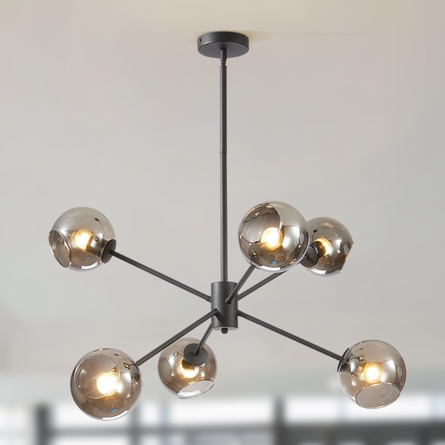 6 Lights Modern Glass Globe Sputnik Chandelier Mid Century Matte Black Sputnik Pendant Light Fixture Adjustable Vintage Large Smoke Gray Ball Chandelier Pendant Light for Kitchen Living Room