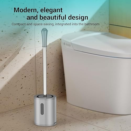 Vista 25 de Escobilla de inodoro, tamaño compacto, con mango de acero inoxidable, soporte de plástico de tamaño pequeño fácil de ocultar, ahorro de espacio