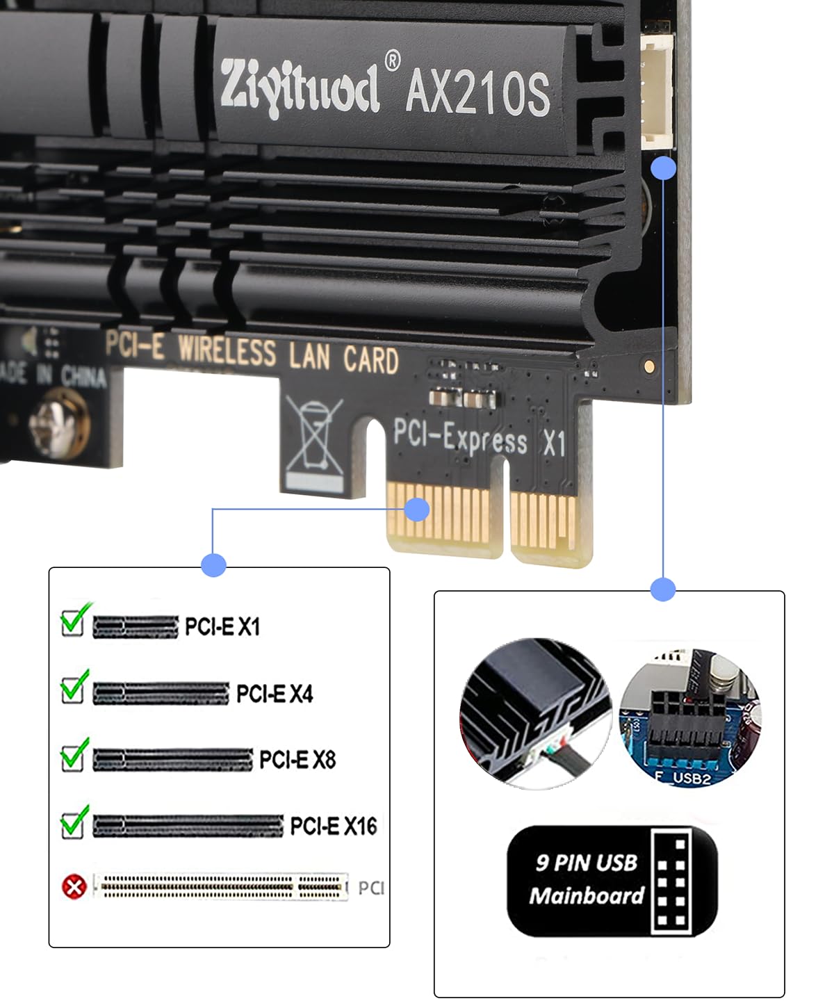 Scheda WiFi 6E Intel AX210 PCIe - 5400Mbps Tri-Banda 6G/5G/2.4G (160MHz), Bluetooth 5.3, PCIe Adattatore Wireless a Bassa Latenza con Bracket Low Profile per Gaming, Solo per Windows 11/10 (64 bit)