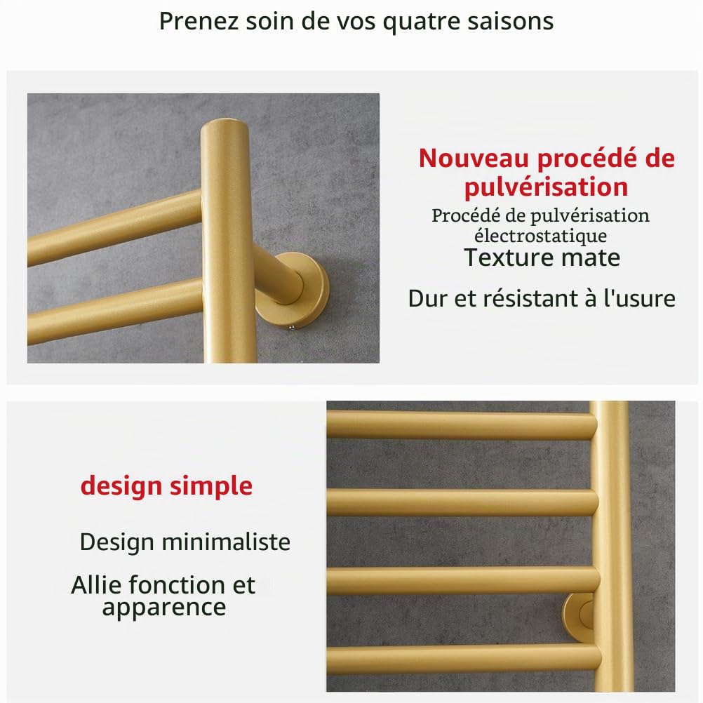 Sèche-Serviettes Radiateur Doré Accessoires De Salle De Bain, Minuterie Intégrée Contrôle De La Température 10 Bars Porte-Serviettes Chauffants Électriques, Plug-in/Hard-Wiring