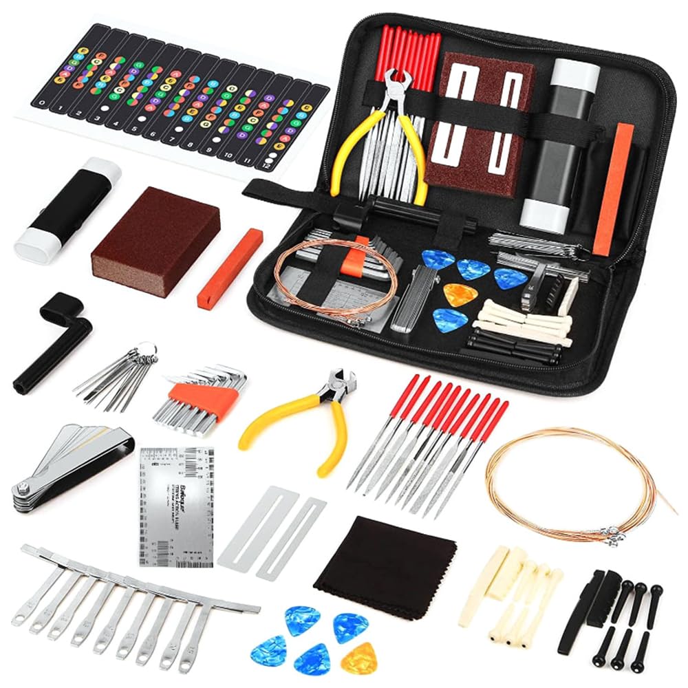 Kit de Herramientas para Guitarra, Kit de Herramientas de Mantenimiento y reparación para Guitarra eléctrica, Bajos, etc., 72 Uds.