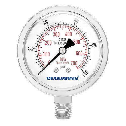 MEASUREMAN - Manómetro hidráulico relleno de glicerina, totalmente de acero inoxidable, tamaño del dial de 2.5 pulgadas, montaje inferior NPT de 14