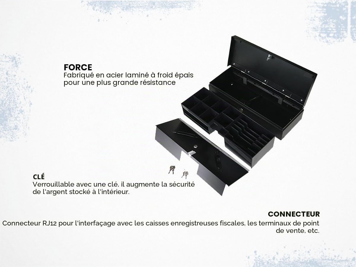HDWR HD-KFT46 Tiroir-caisse avec caissette amovible, serrure 2 positions | 6 emplacements billets, connexion RJ12 imprimante tickets, acier laminé à froid, pour commerce