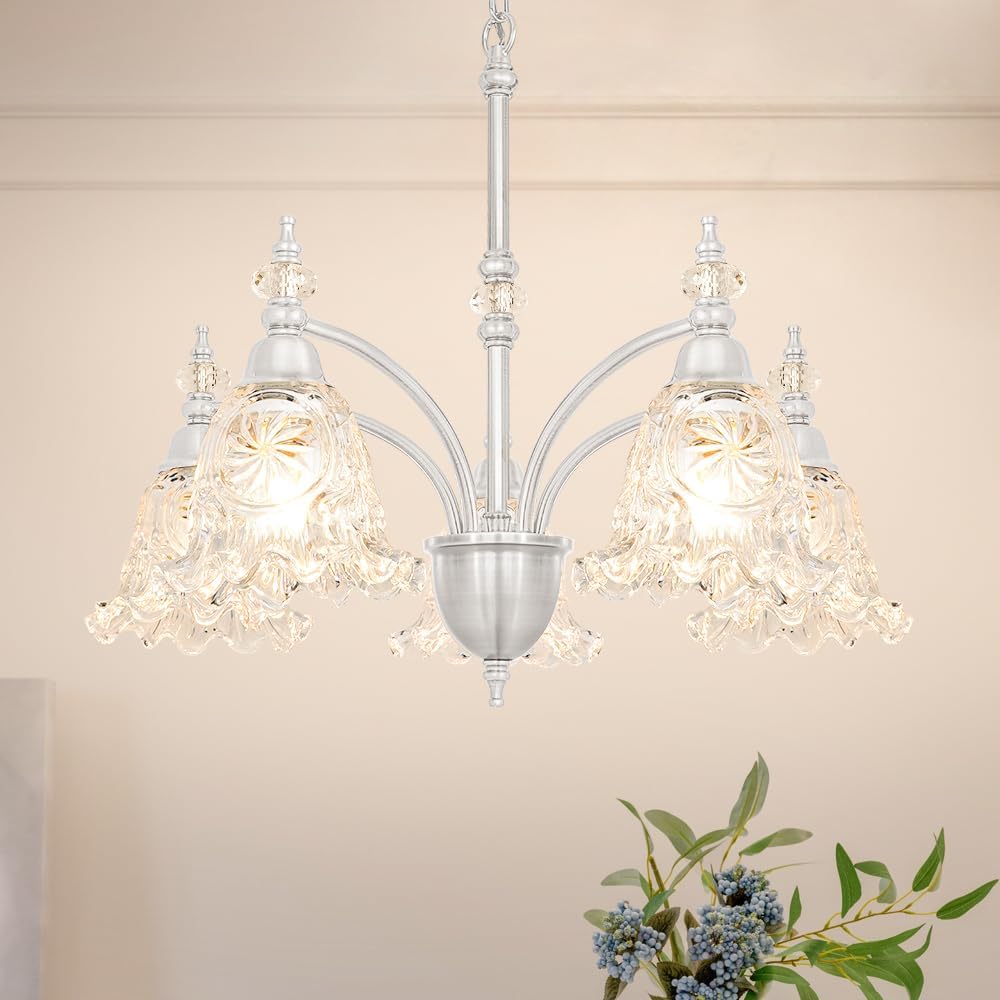 Vintage 5 Light Chandelier, Brushed Nickel Dining Room Light Fixtures Over Table, Farmhouse Glass Chandelier Ceiling Light Fixture for Kitchen, Dinning, Foyer, Bathroom, Living Room