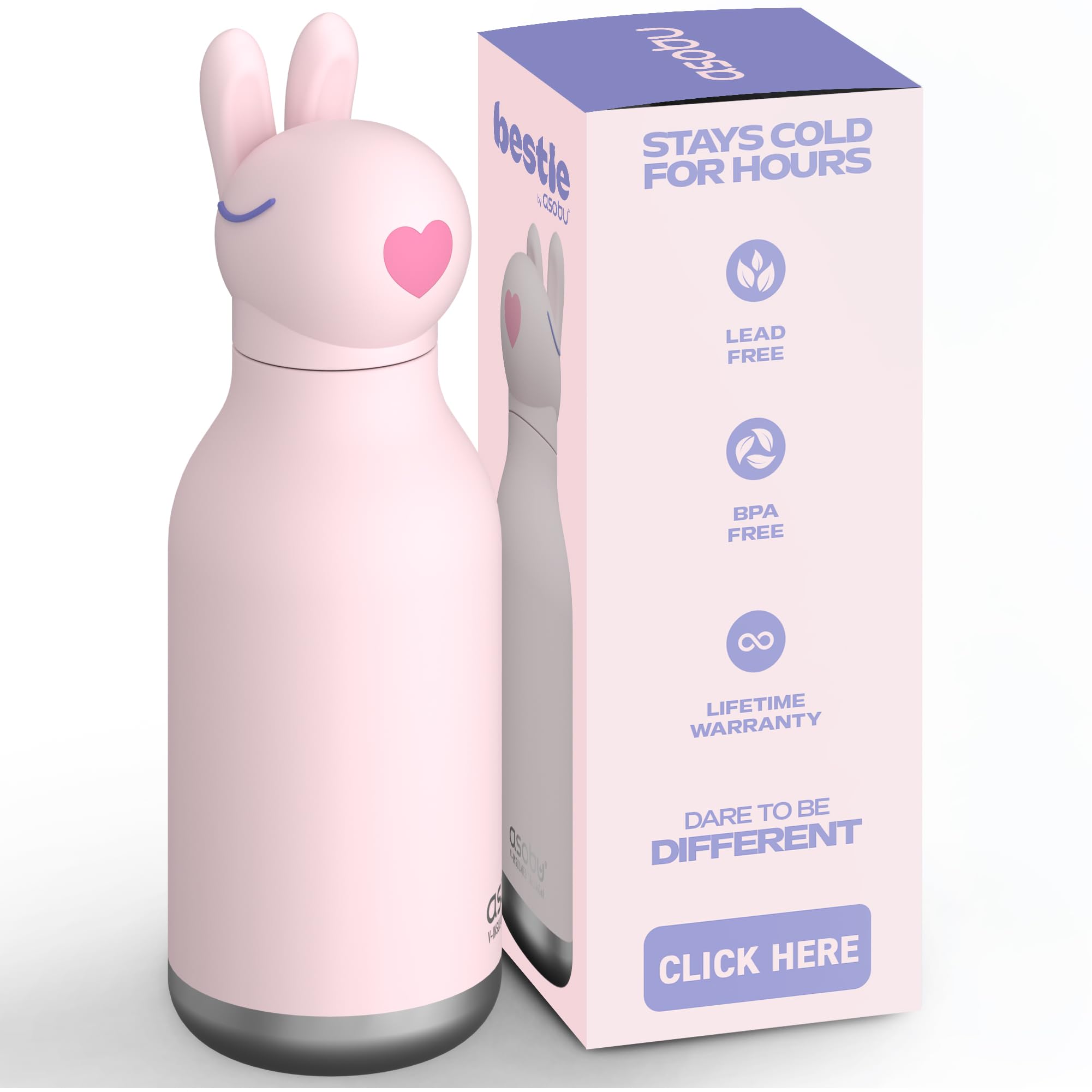 asobu Bestie Bottle Insulated Stainless Steel Water Bottle with Detachable Soft Animal Head Fun Drinking For Kids and