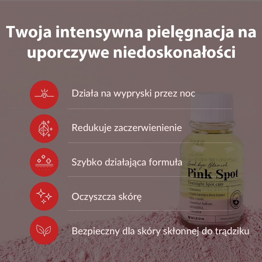 [Mizon] Tratament na Trądzik i Pryszcze, Nocna Pielęgnacja Plamek, Nocna Pielęgnacja Trądziku, Produkt z Kalaminą, AHA, BHA, Tratament Przełomowy (19 ml) Good Bye Blemish Pink Spot