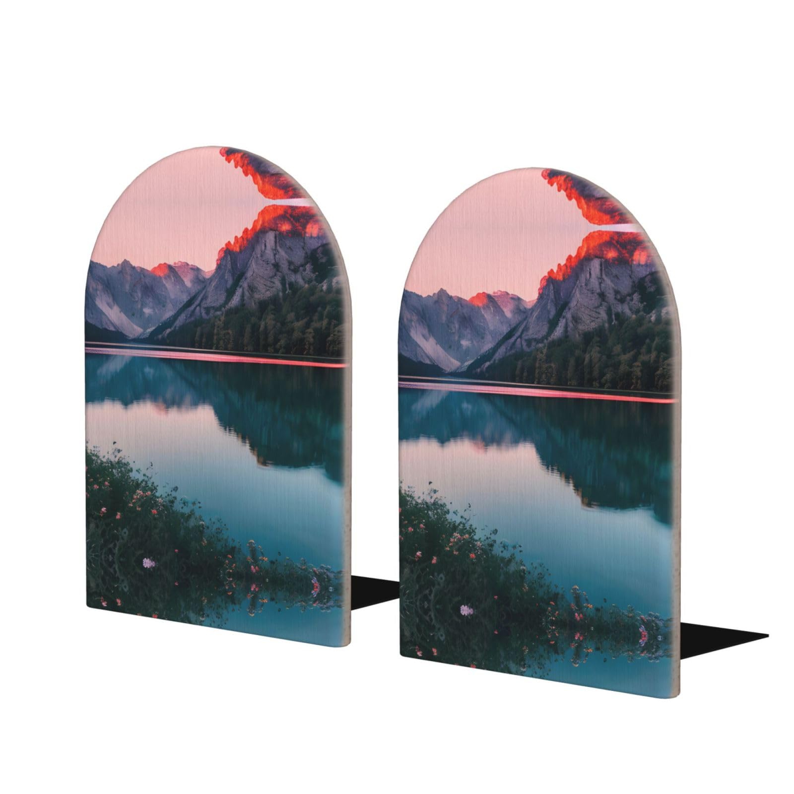 Serre-livres en bois Lac et coucher de soleil, cadeau idéal pour lecteurs et bureau
