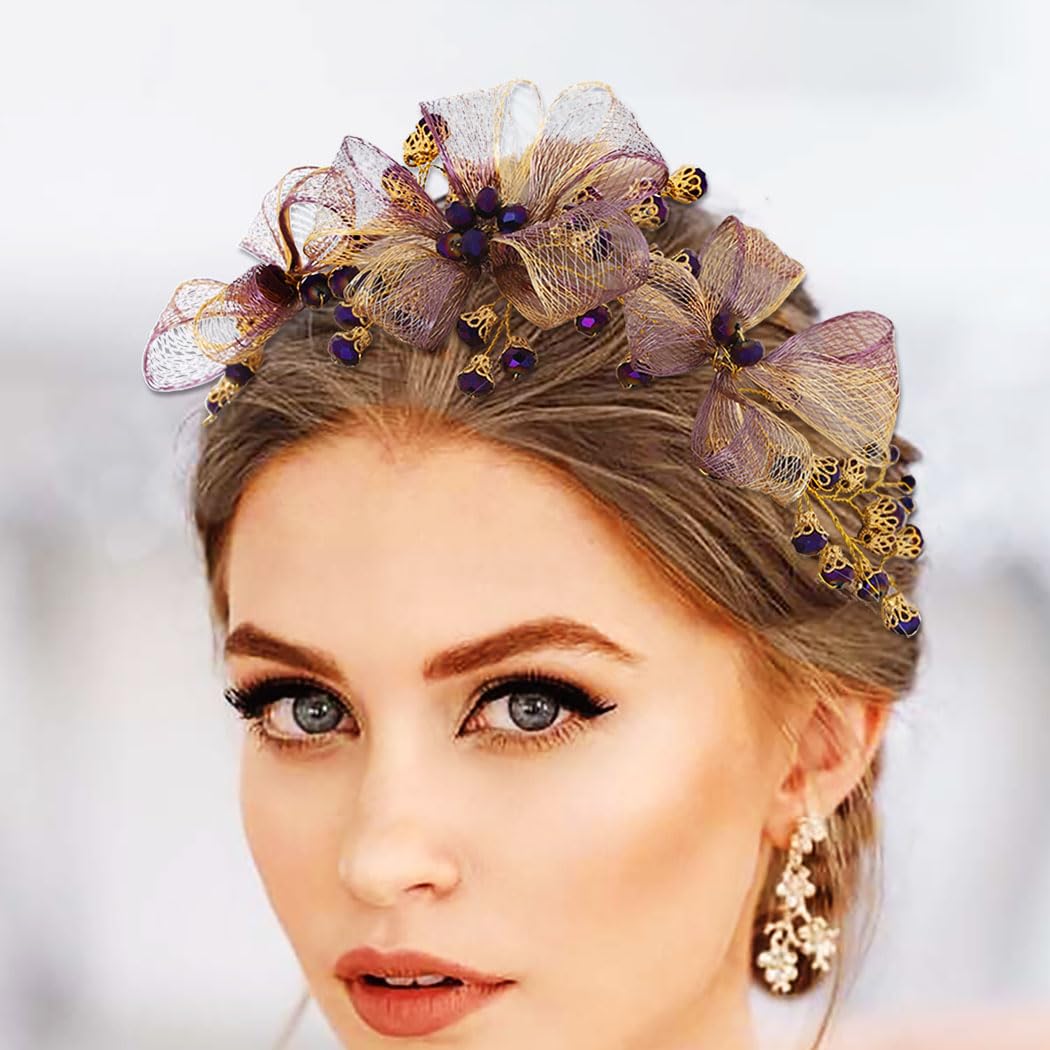 IYOU Vintage Filo di Rame Cerchietti Blu Fiori Fasce per Capelli Cristallo Fatto a Mano Partito Prom Matrimonio Accessori per capelli per Donne
