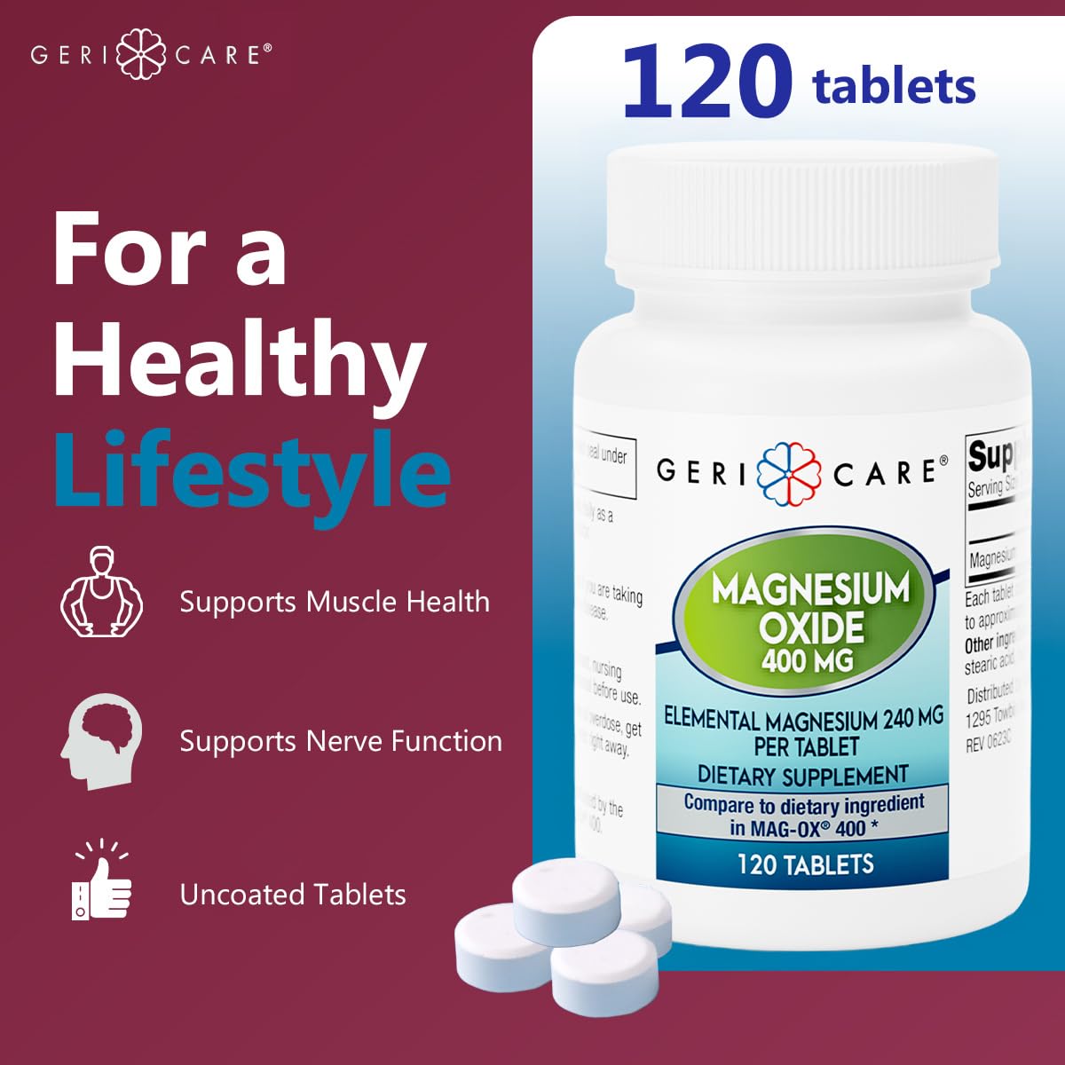 GeriCare Magnesium Oxide Supplement 240 mg of Elemental Magnesium, 120 Uncoated Tablets, Essential Mineral Support, Promotes Vascular Health, Bone Strength, and Muscle Function (Pack of 1) — Amazon image 2