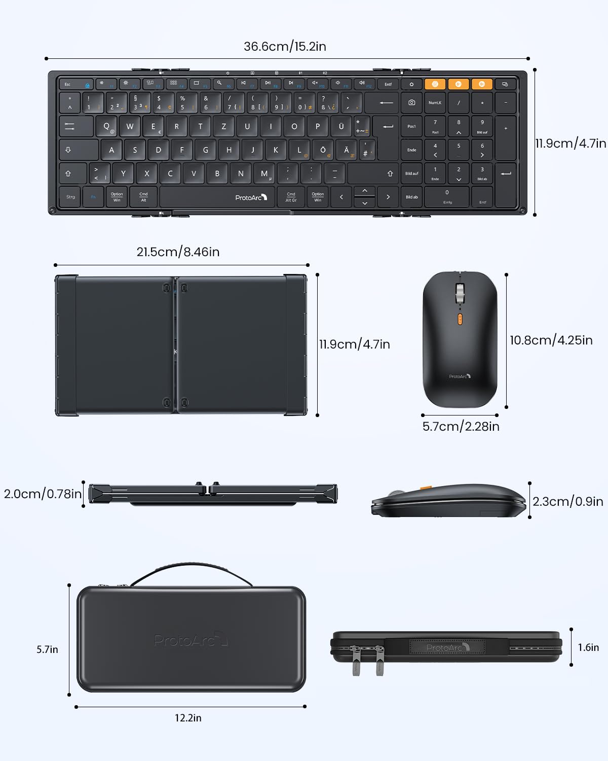 ProtoArc XKM01 Faltbare Bluetooth Tastatur mit Ziffernblock QWERTZ Schwarz