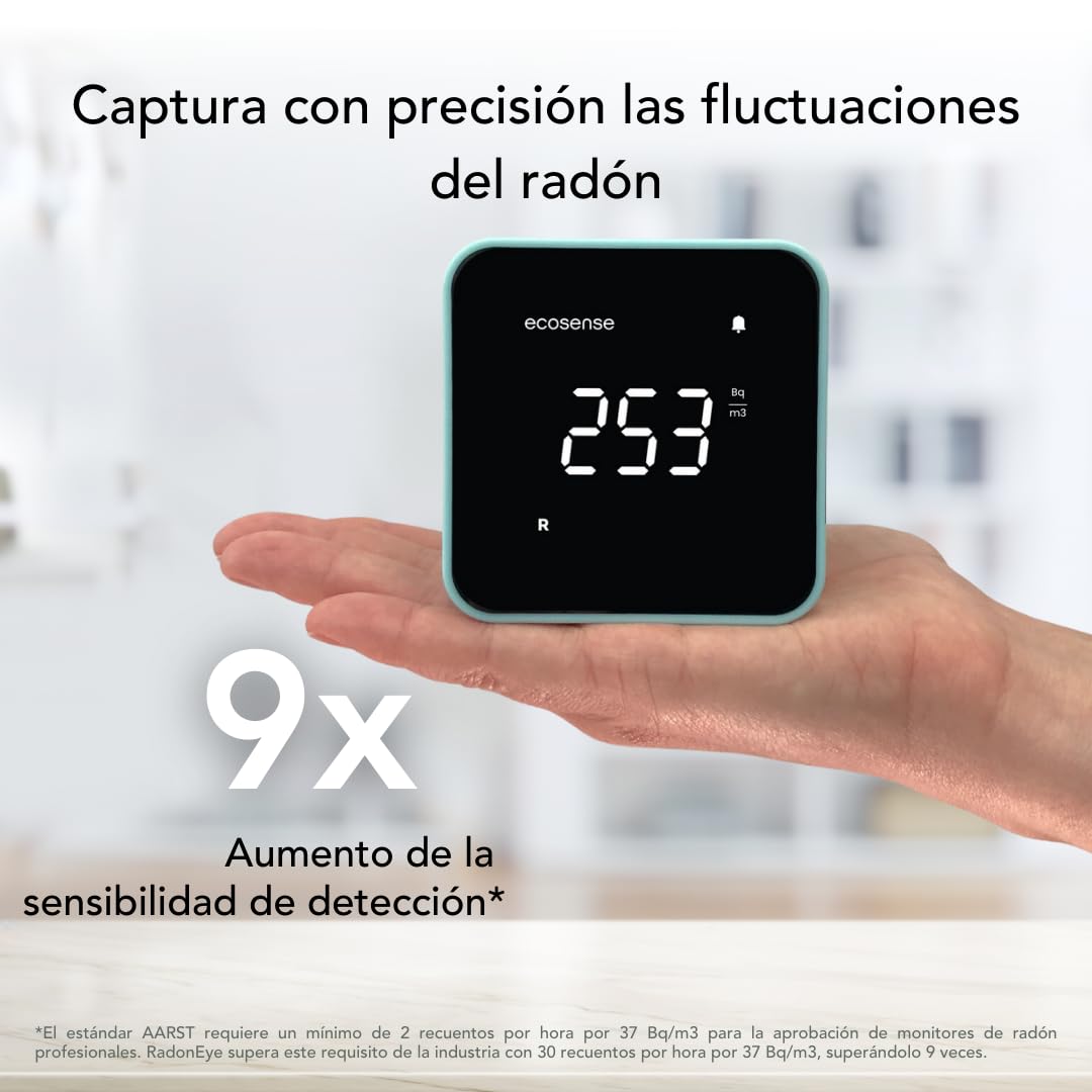 Ecosense EB100 EcoBlu, Detector de radón doméstico, captura y visualización de resultados cada 10 minutos, monitoreo continuo a corto y largo plazo, fácil de usar