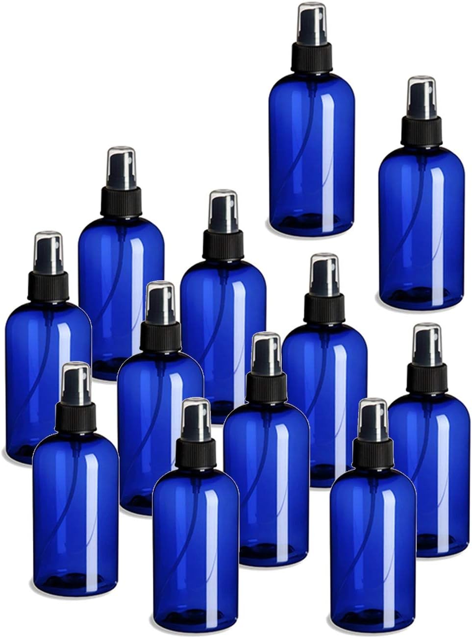 Natural Farms 12 Pack 8 oz - Blue Boston Plastic Spray Bottles - Fine Mist Sprayer & Dust Cap for Essential Oils, Perfumes, Cleaning Products - Made in the USA