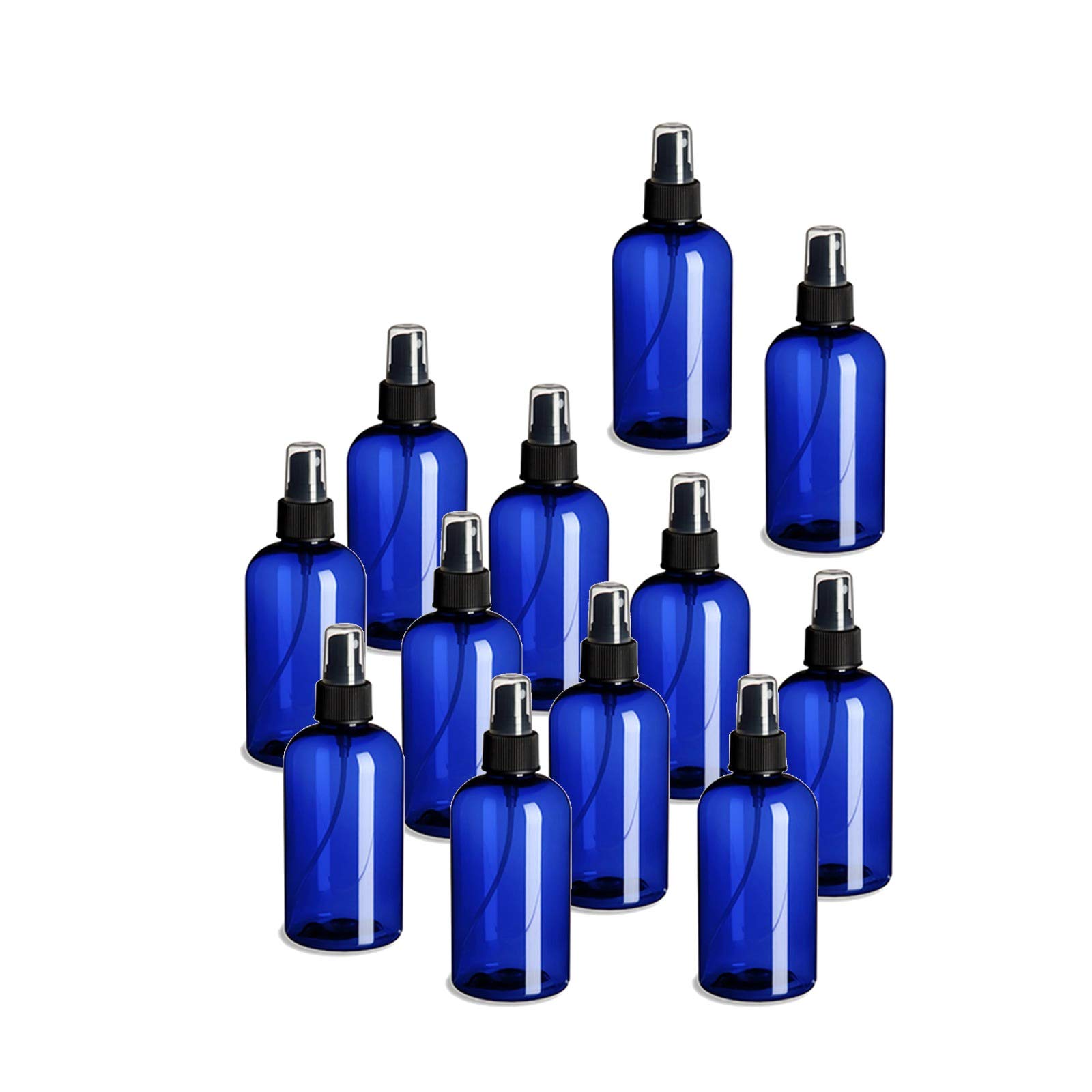 Natural Farms 12 Pack 8 oz - Blue Boston Plastic Spray Bottles - Fine Mist Sprayer & Dust Cap for Essential Oils, Perfumes, Cleaning Products - Made