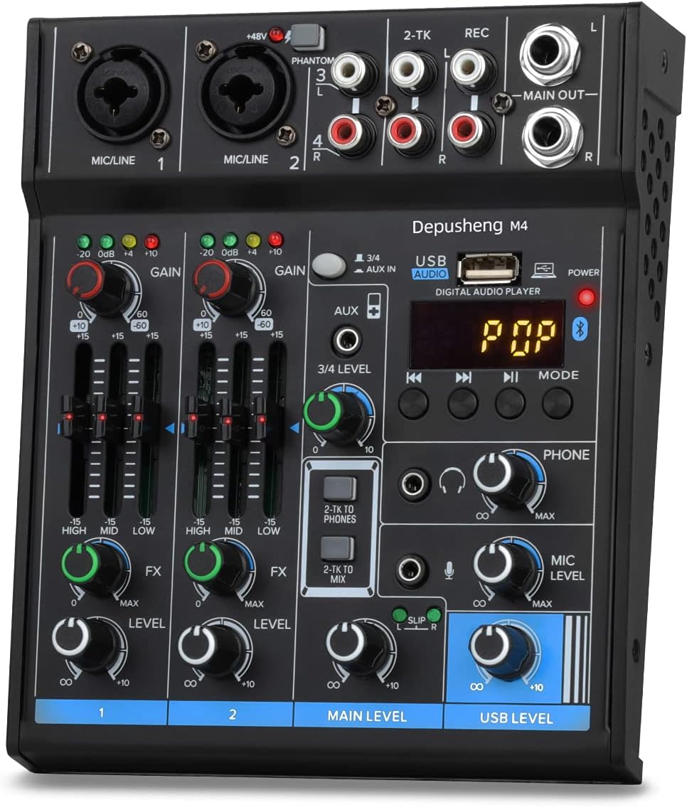 Mezclador de interfaz USB de 4 canales, controlador de sonido DJ Mini mezclador de audio digital profesional Consola de mezcla de sonido portátil con tarjeta de sonido y función Bluetooth para grabación de PC - Depusheng M4, negro