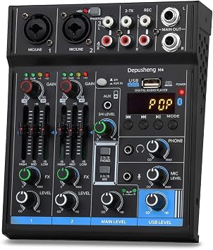 4 Channel USB Interface Mixer, DJ Sound Controller Mini Mixer Professional Digital Audio Portable Sound Mixing Console with Sound Card & Bluetooth Function for PC Recording - Depusheng M4, Black