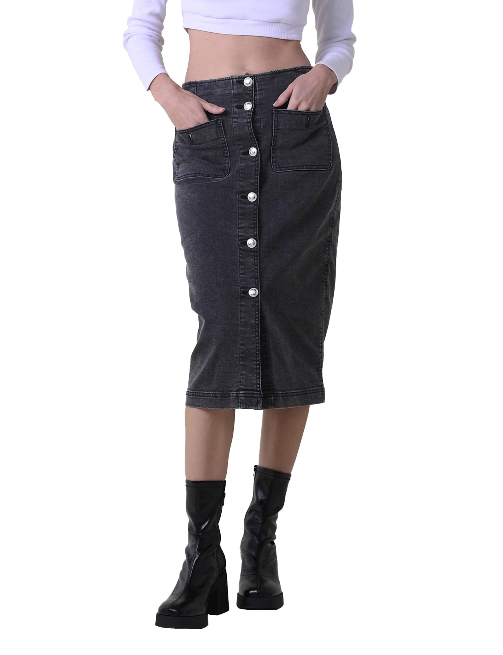 Enorsia Womens Washed Black Denim Midi Skirt with Button Opening At The Front, Back Welt Pocket, Front Pocket (Black, 14)