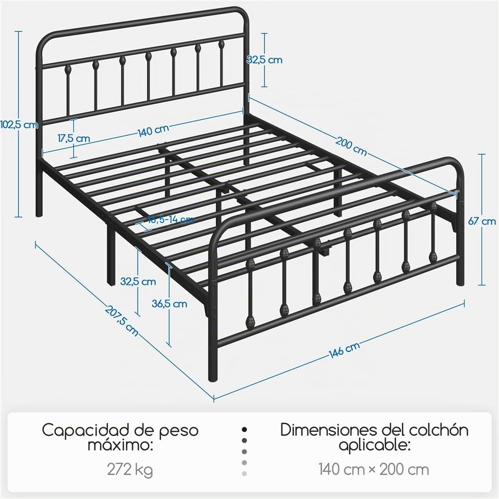 Yaheetech - Cama Individual Doble de Metal, Montaje Simple para Espacios pequeños Adultos, 140 x 200 cm, Color Negro