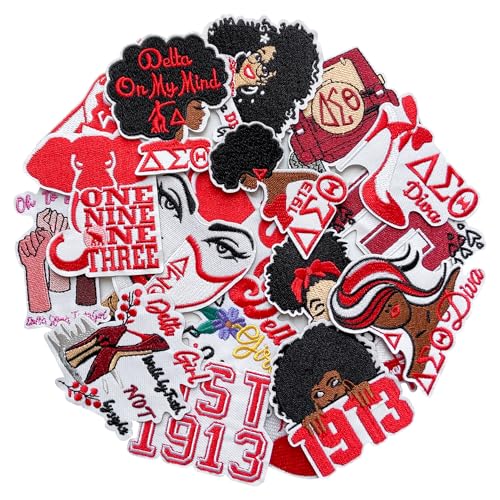 Image of 20pcs Delta Theta Sigma Iron on Patches Sorority Paraphernalia, Red and Black Embroidered Delta 1913 Applique Patch for Hats, Clothes, Jackets, Bags, Jeans, T-Shirt