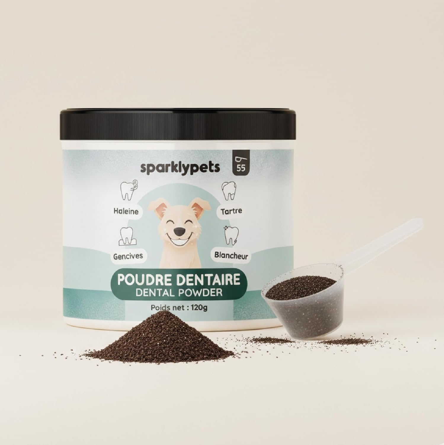 SparklyPets - Poudre Dentaire pour Chien - Nettoyant Anti-Tartre et Plaque, Blancheur Dentaire, Mauvaise Haleine, Gencives - Eucalyptus, Prébiotiques - Marque Française - 120g (55 Cuillères)