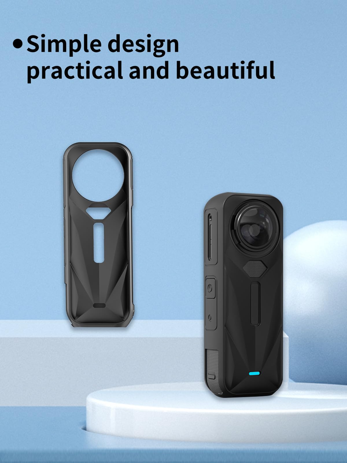 Funda especialmente diseñada para cámara de acción Insta360 X5 impermeable 8K de 360°, protección de silicona premium a prueba de golpes. Puerto de carga accesible, color negro.