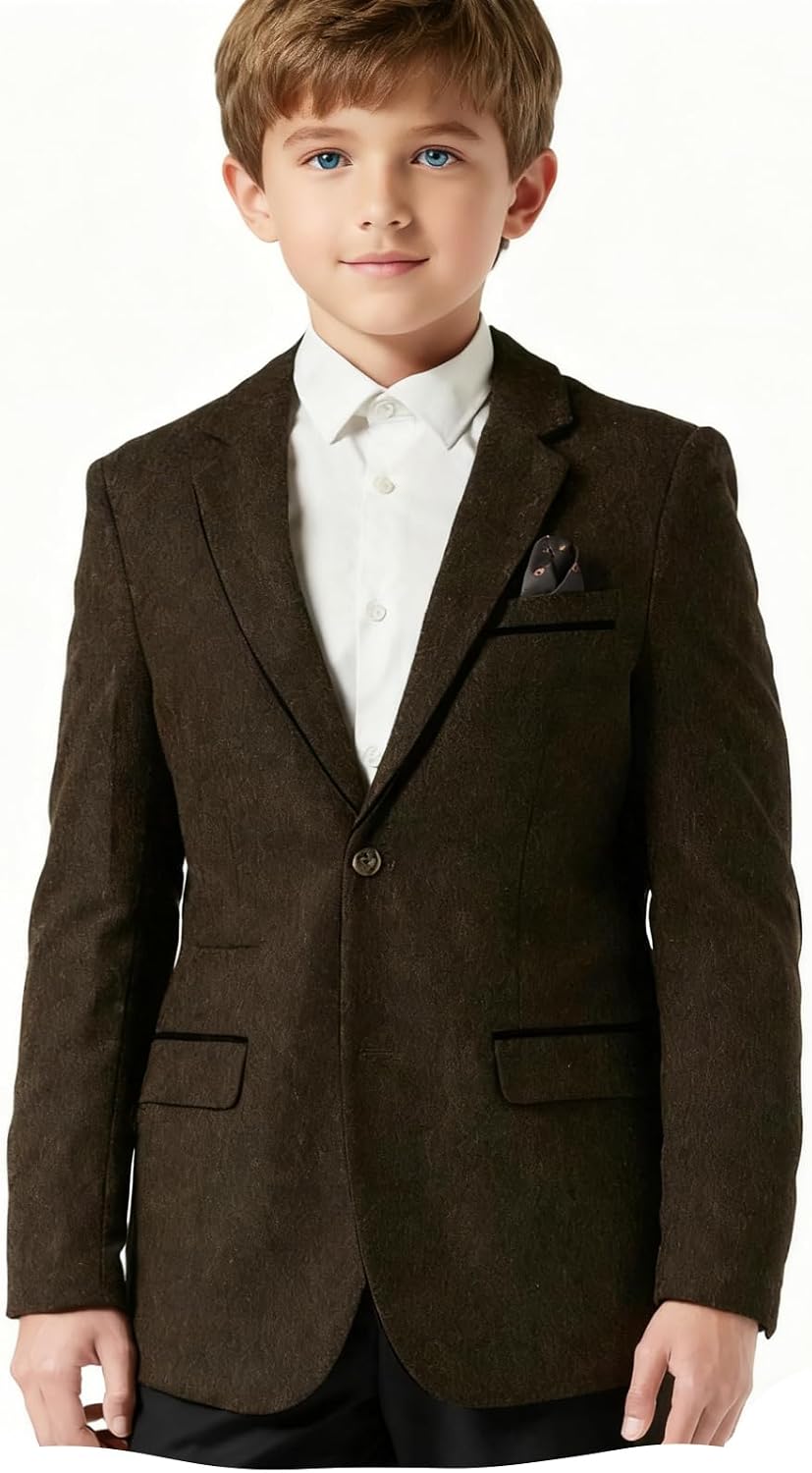 VENNYNG Kids Tweed Blazer with Faux Suede Elbow Patches Autumn Fall Christmas School Dress Coat Page Boy Wedding Jacket