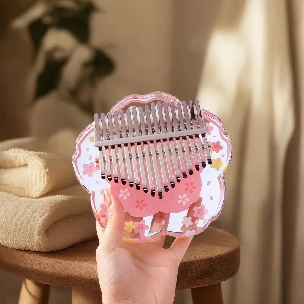 Kalimba Daumenklavier 21 Töne mit Schutzcase Komplett-Set, Sakura-Form Transparentes Kristall-Kalimba 17 Töne, Professionelles Musikinstrument für Anfänger (Rosa, L)