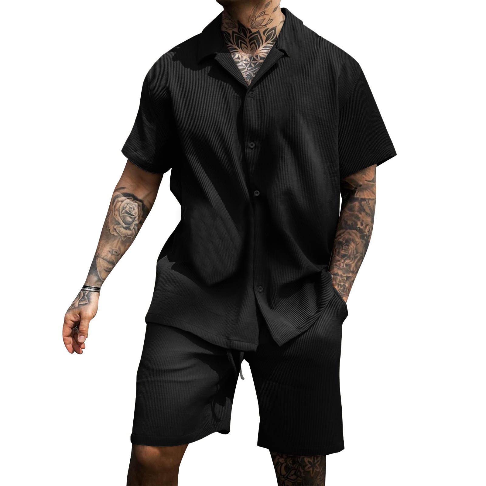 Conjunto de camisa y pantalones cortos para hombre, traje de ocio para hombre, traje de casa corto, traje de casa transpirable, traje deportivo de un solo color, traje de manga corta con cuello alto,